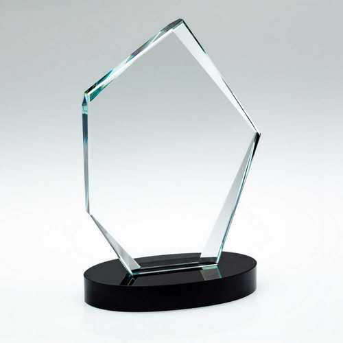 Clear Glass Offset Diamond Plaque On Black Base - 215mm
