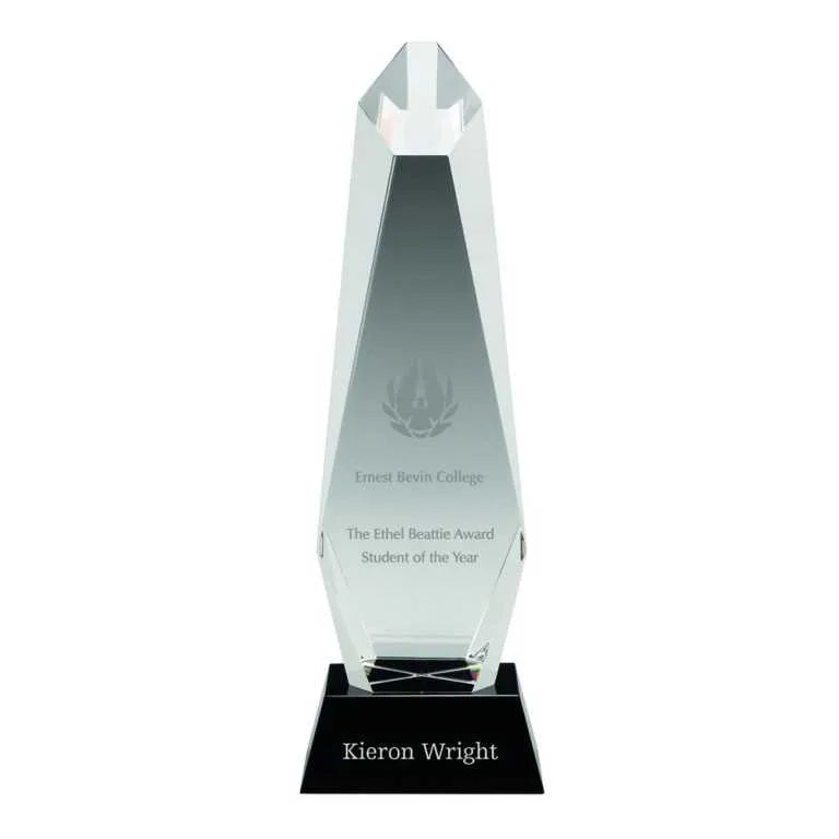 Clear Glass Hexagonal Column on Black Base - 280mm