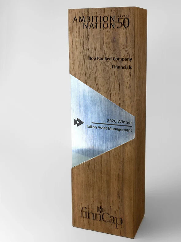 mixed media award - heavyweight, sustainably sourced (FSC-approved), walnut timber inlaid with triangular slip of silver-finished steel 
