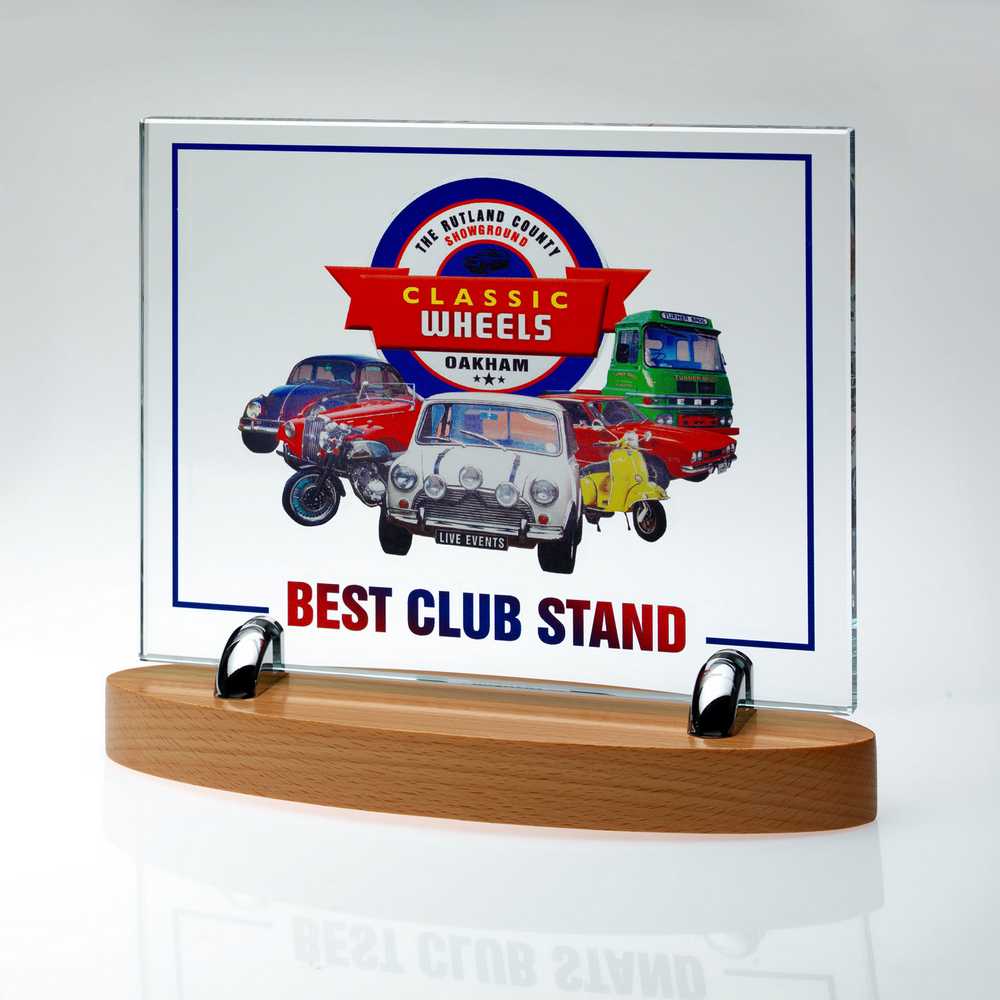 Clear Glass 10mm Rectangle on Light Wood Base - 230mm
