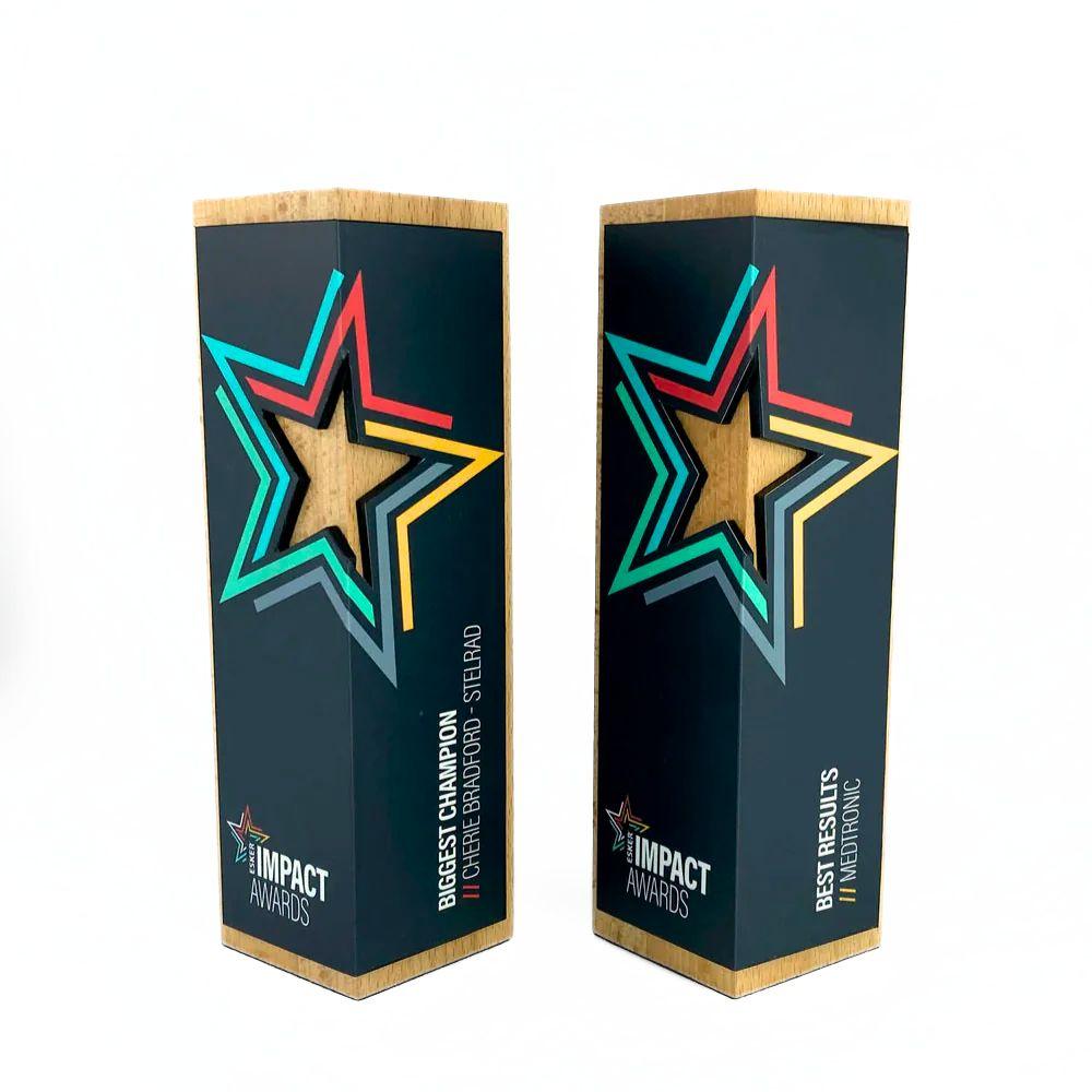 two wooden awards with star design attached