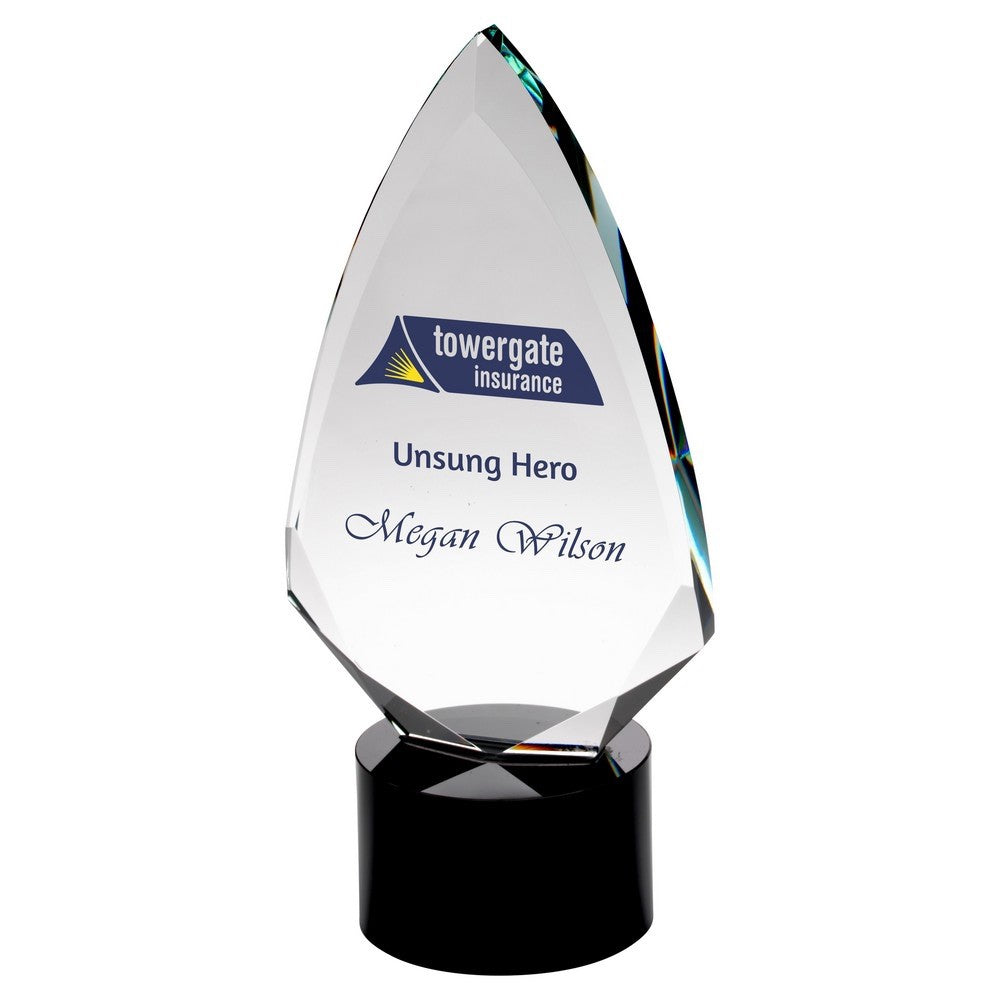 Clear Glass Arrowhead (20mm thick) on Round Black Base - 230mm