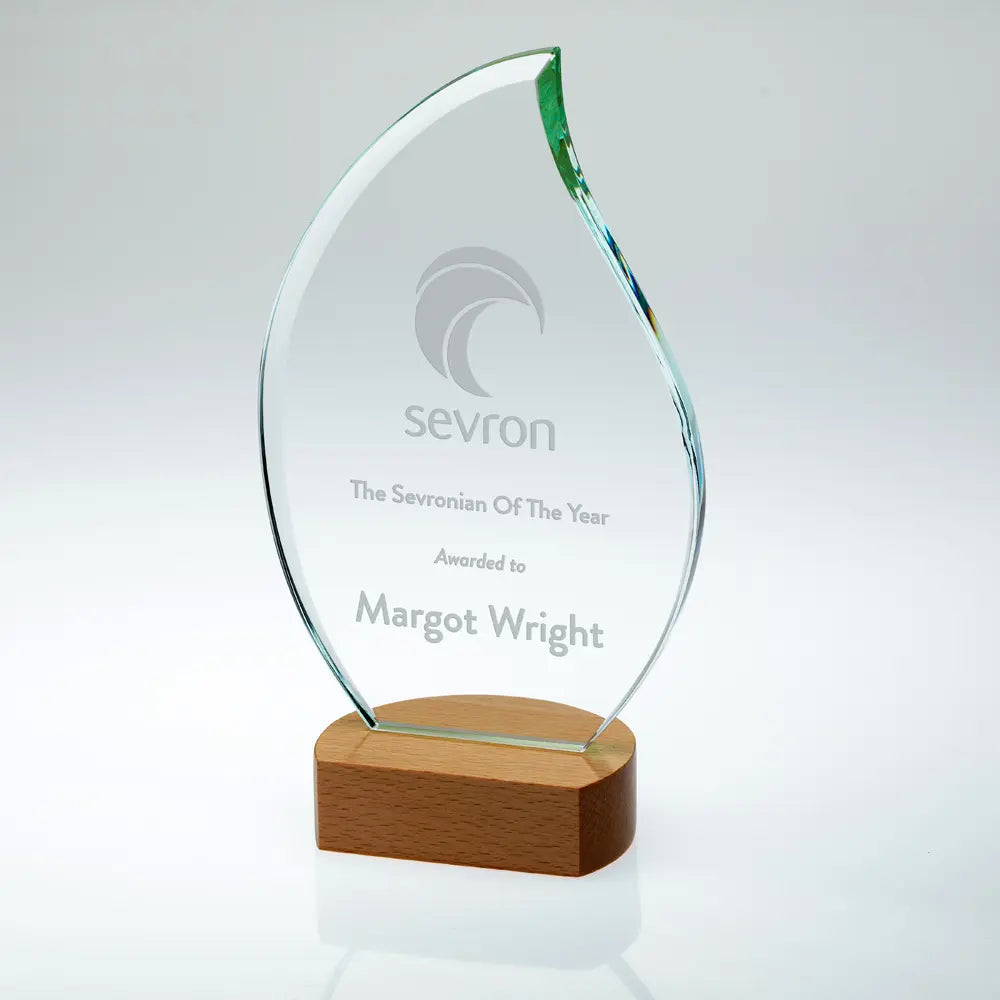 Clear Glass Flame on Light Wood Base - 230mm