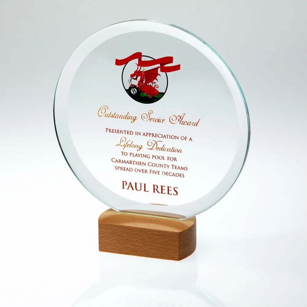 Clear Glass Circle on Light Wood Base - 200mm