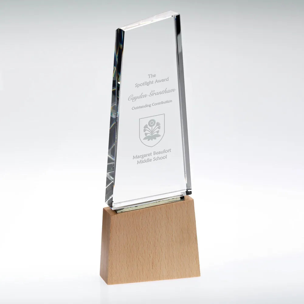 Clear Glass Block on Light Wood Base with Colour Flash - 235mm