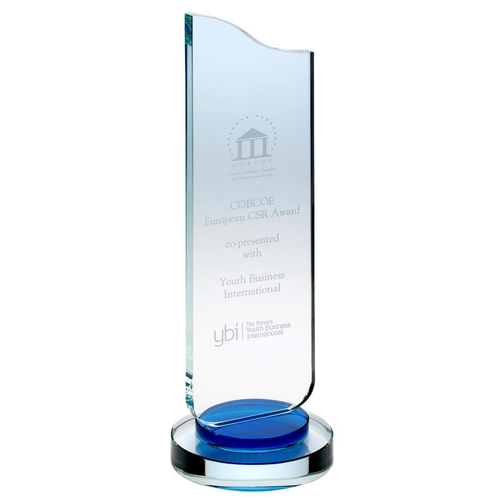 Clear Glass Plaque with Blue Collar on Round Base - 250mm