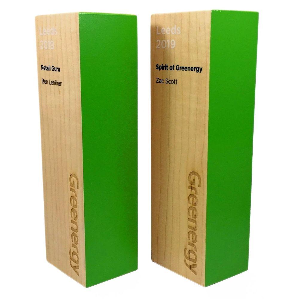 Green painted wooden eco award with Greenergy engraving