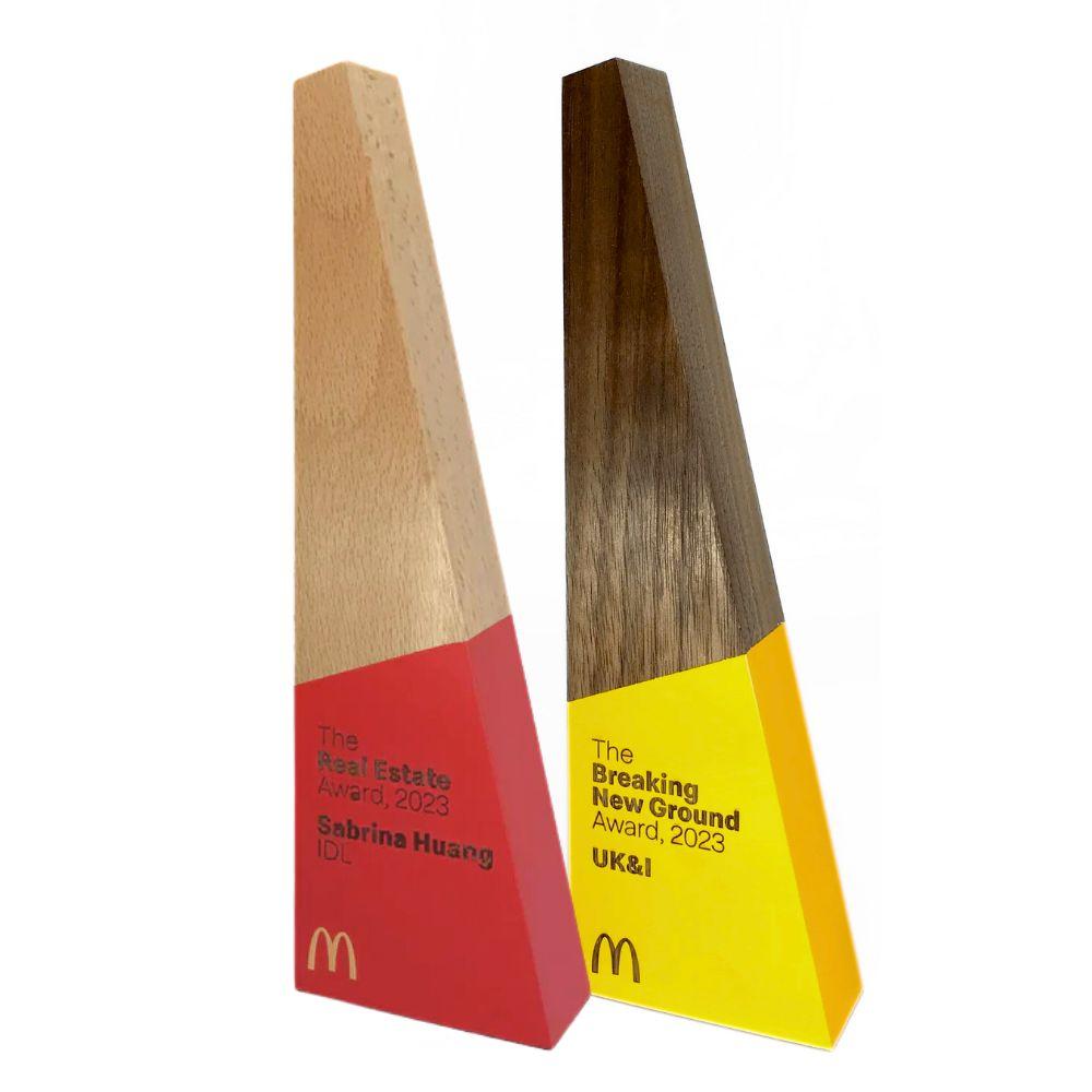 Red and Yellow trapezium shaped wooden award