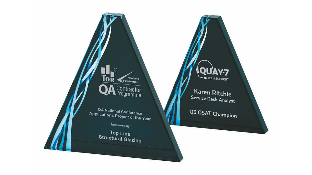 Triangular Blue Glass Award - Black Background - 160mm