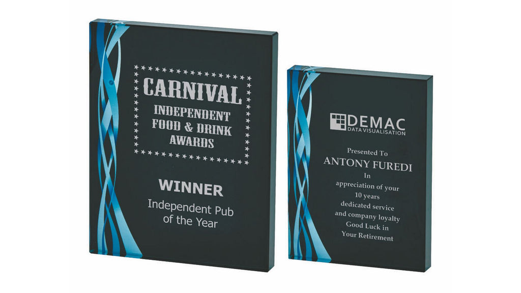 Rectangular Blue Glass Award - Black Background - 160mm