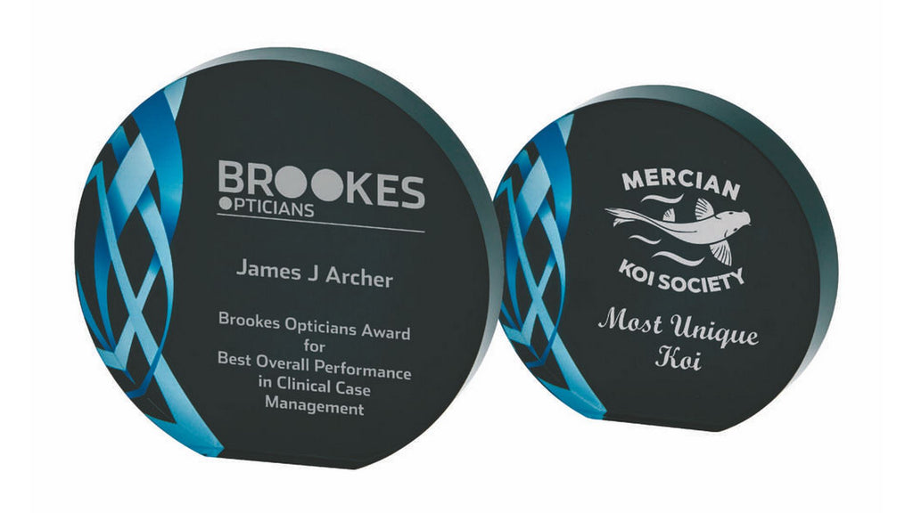 Circular Blue Glass Award - Black Background - 110mm