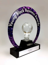 Load image into Gallery viewer, Purple Acrylic Ring with Light Bulb Award
